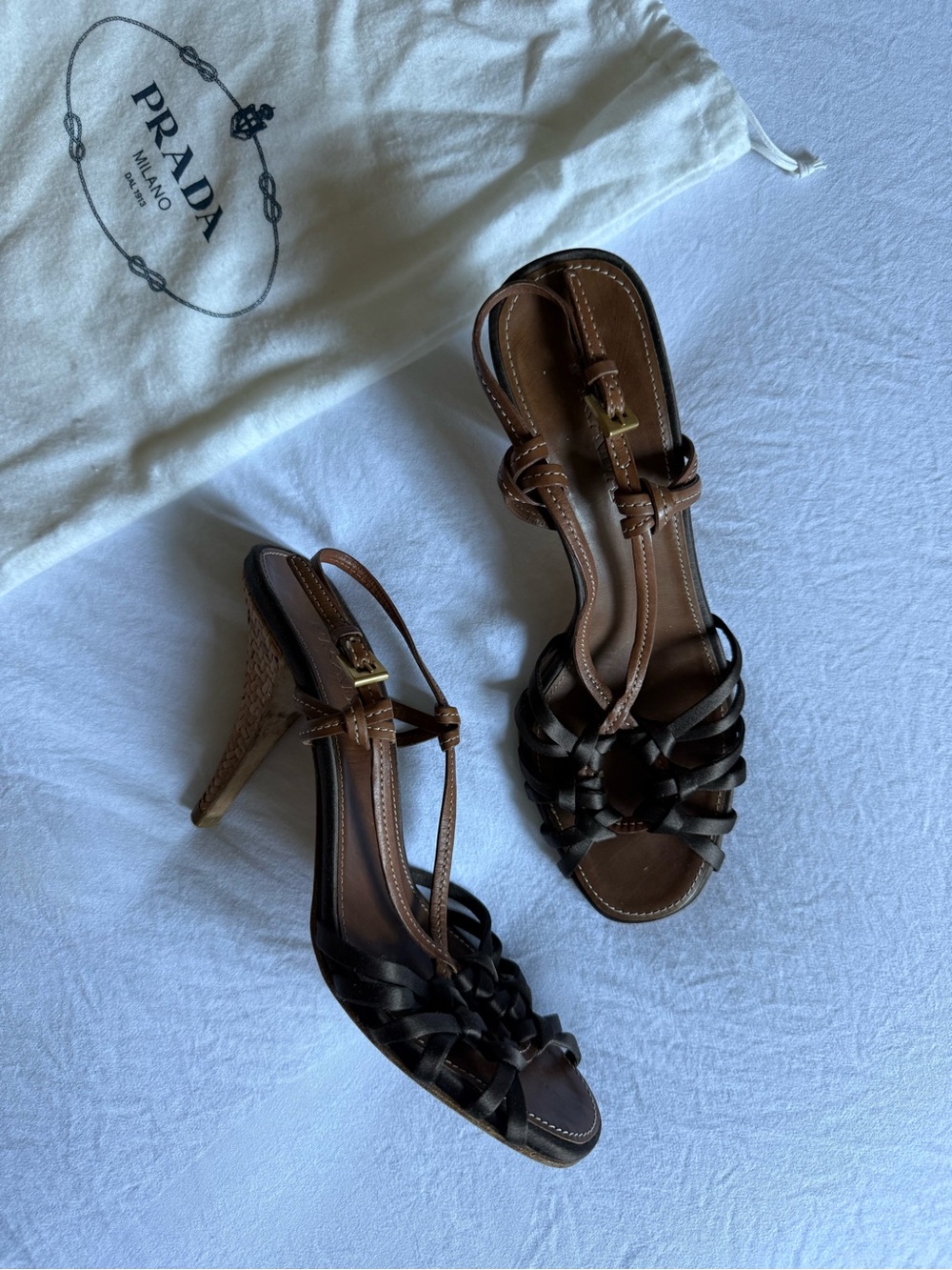 Vintage Prada Brown Braided Leather/Satin Heel Sandals